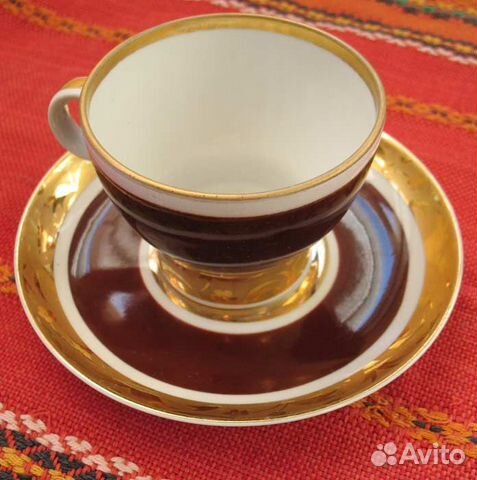 Чашка с блюдцем. Тёмно-коричневая с золотом. лфз — фотография №1