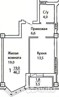 1-к квартира, 46.2 м², 22/23 эт.