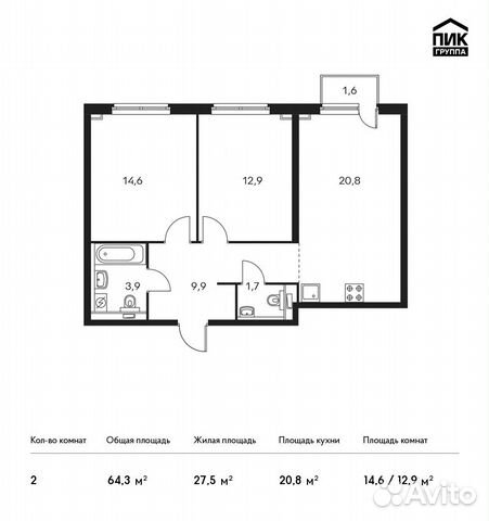 2-к квартира, 64.3 м², 11/33 эт.