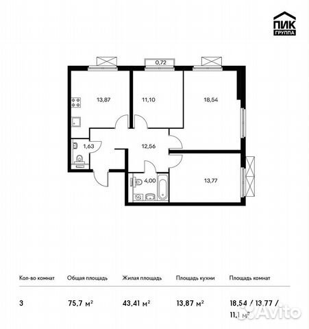 3-к квартира, 75.7 м², 14/20 эт.