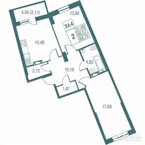 2-к квартира, 68.7 м², 8/25 эт.