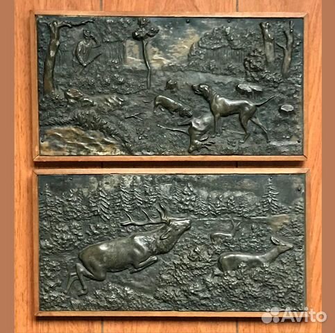 Панно антикварное картина охота собака ружье олень Панно антикварное картина охота собака ружье олень
