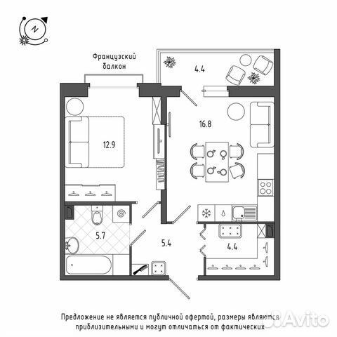 1-к квартира, 47.4 м², 2/12 эт.