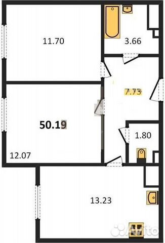 2-к квартира, 50 м², 3/12 эт.