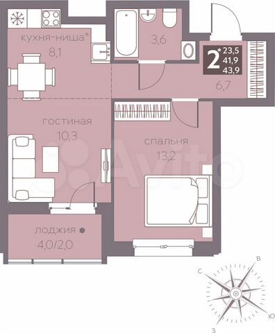 2-к. квартира, 43,9 м², 2/16 эт.