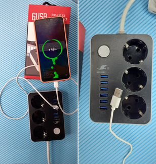 Удлинитель 6 Usb портов 3 розетки Сетевой фильтр