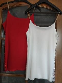 Топ с пайетками на лямках - цепочках красный сереб