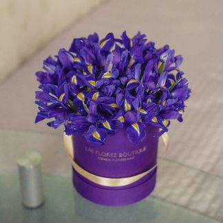 Букет ирисов, ирисы в шляпных коробках