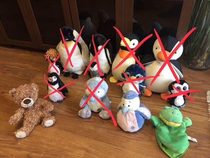 Коллекция мягких игрушек (пингвины, мишка лягушка)