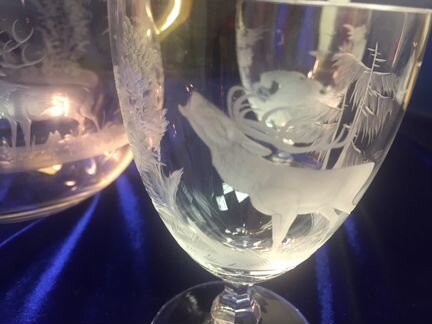 Кувшин 3 фужера антиквариат резьба Германия олень