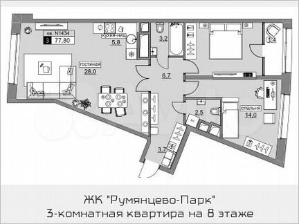 3-к квартира, 77.8 м², 8/22 эт.