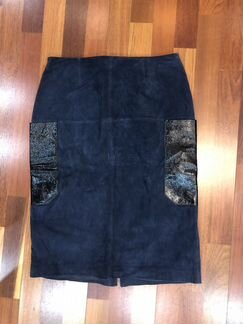 Юбка синяя замшевая с лаковыми карманами миди 46 р