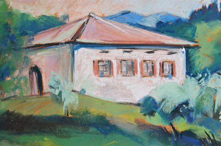 Картина пастелью, испанский летний пейзаж, рисунок